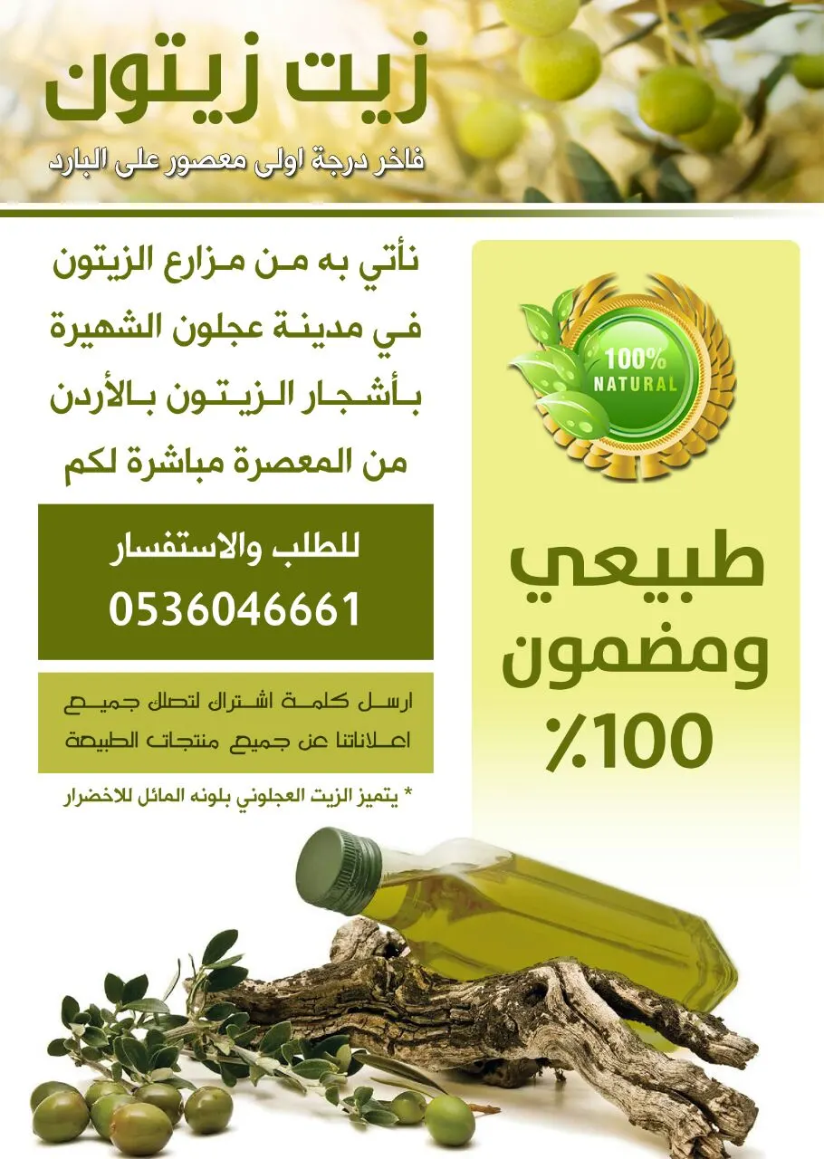 زيت زيتون طبيعي 100% "عجلوني-أردني".. فاخر درجة أولى
