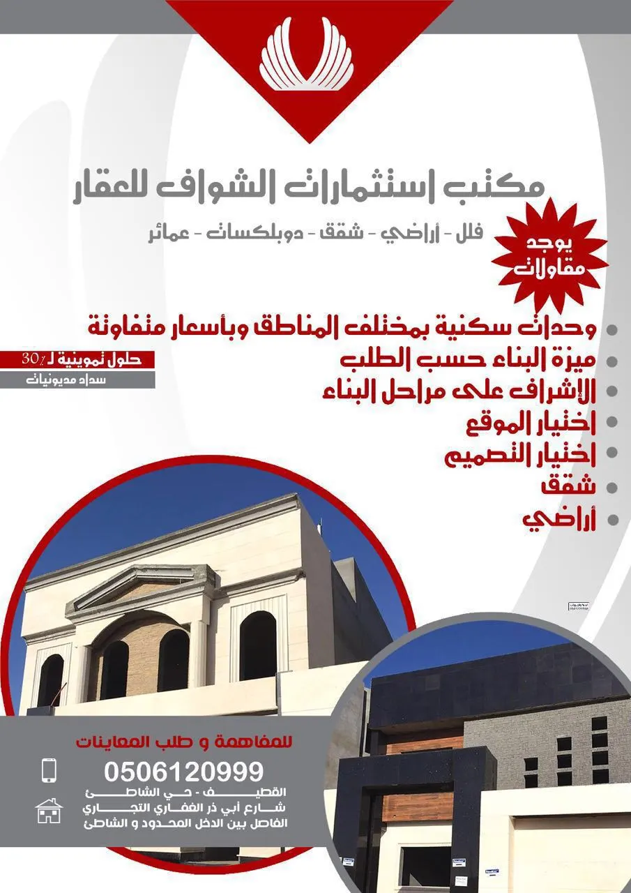 ترقبوا عرض اراضي بمخطط مكتمل الخدمات باقل الأسعار لدى مكتب استثمارات الشواف للعقارات
