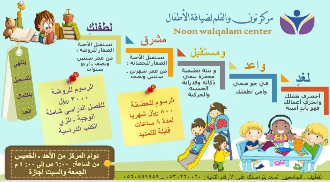 بدء التسجيل في «مركز نون والقلم لضيافة الأطفال» للعام الدراسي ١٤٣٨- ١٤٣٩هـ