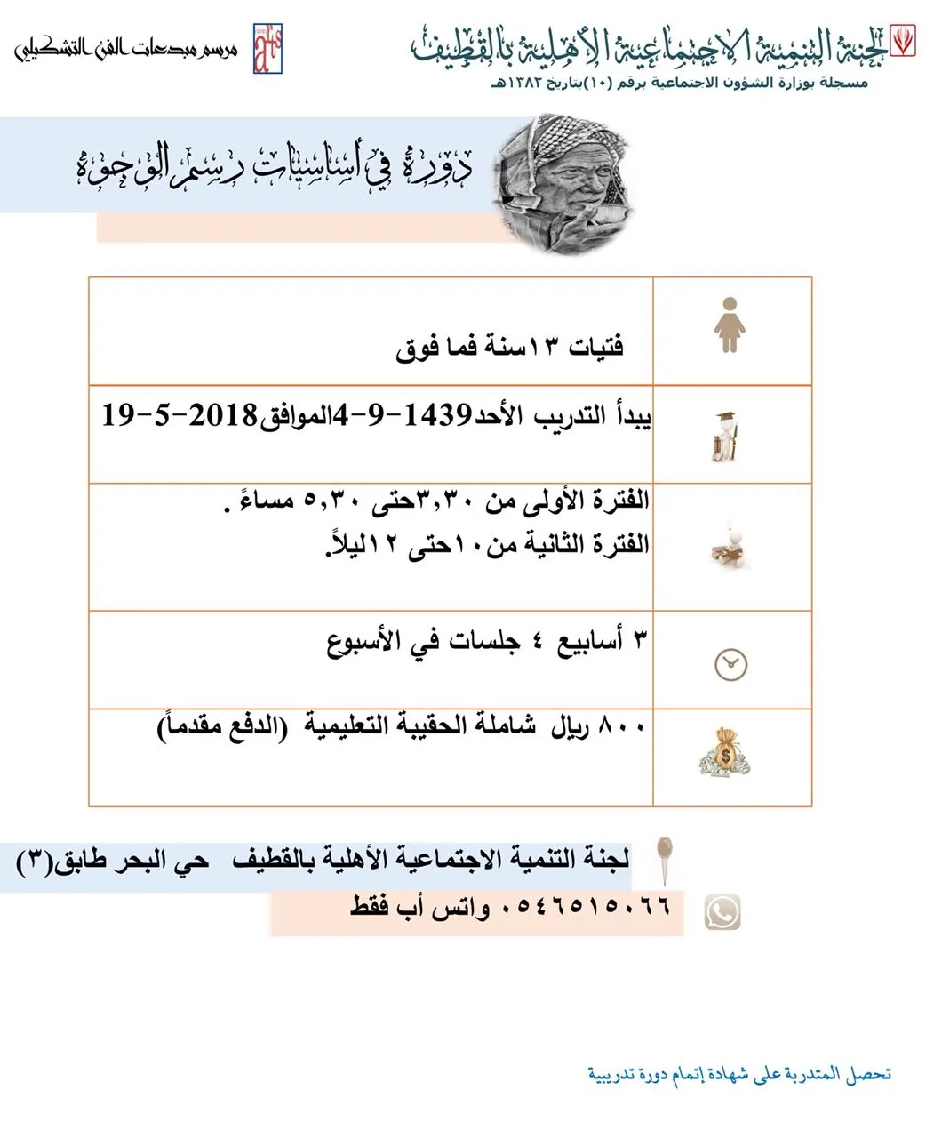 دورة أساسيات رسم الوجوه ودورة الألوان الزيتية والبورتريه بتنمية القطيف