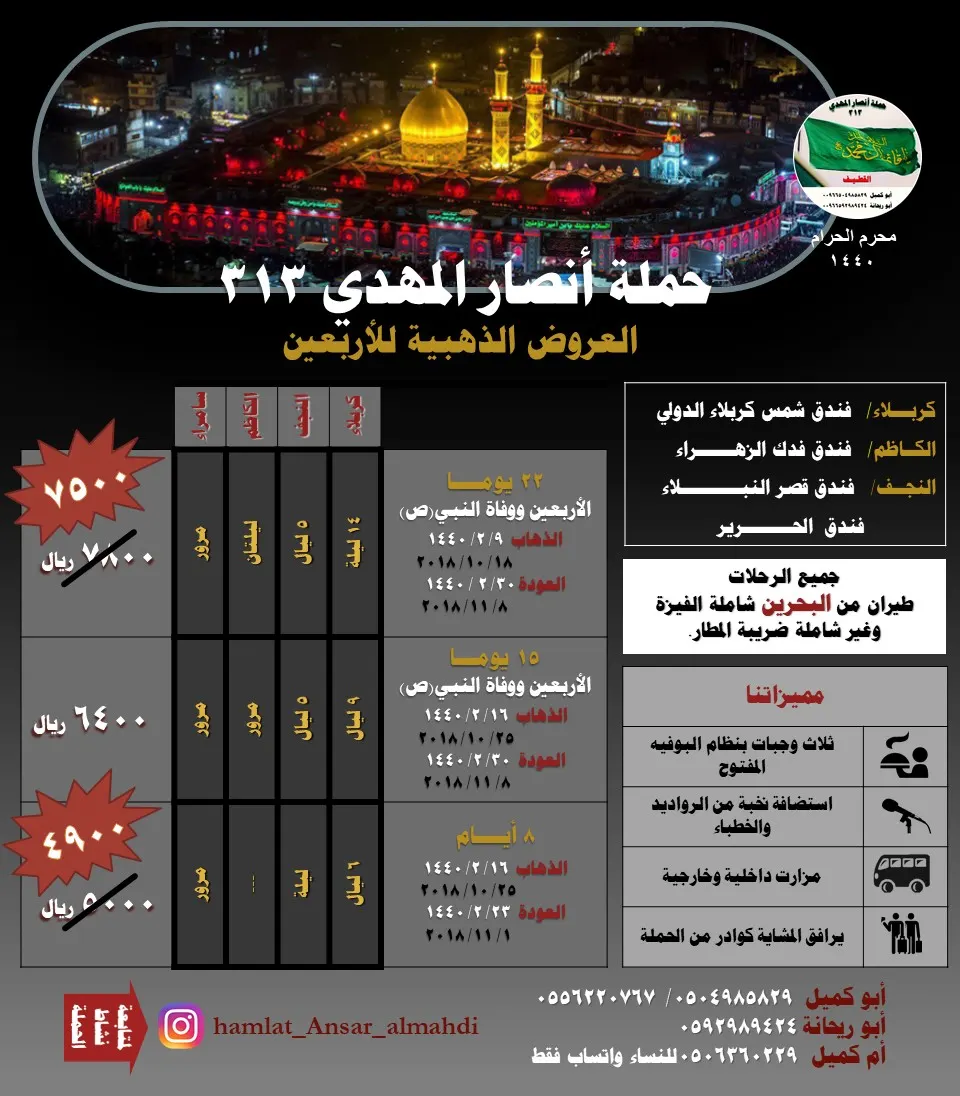 عروض ذهبية لزيارة الأربعين و وفاة النبي مع حملة أنصار المهدي 313