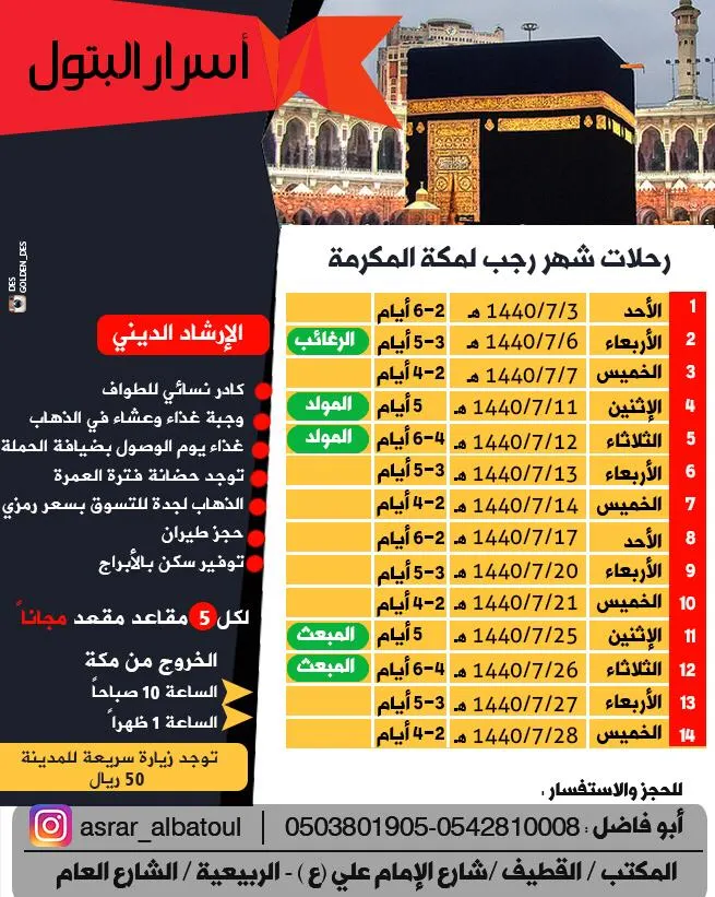 رحلات العمرة الرجبية والمدينة المنورة من أسرار البتول "قافلة الأحرار" سابقا