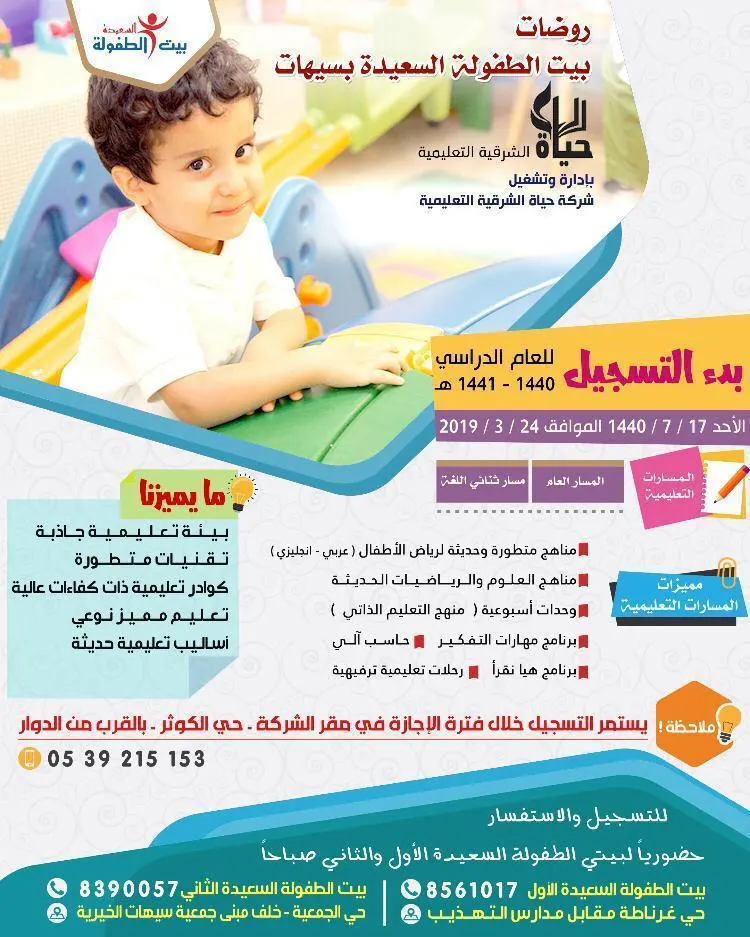 استمرار التسجيل في روضات «بيت الطفولة السعيدة» للعام الدراسي 1441/1440هـ