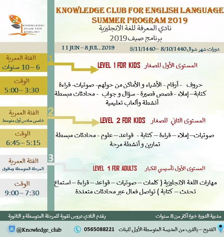 دورات صيف 2019 في نادي المعرفة للغة الانجليزية