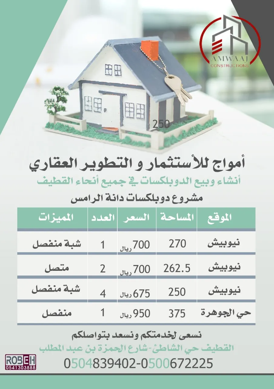 عروض أمواج للاستثمار والتطوير العقاري إنشاء وبيع الدوبلكسات نيوبيش ودانة الرامس