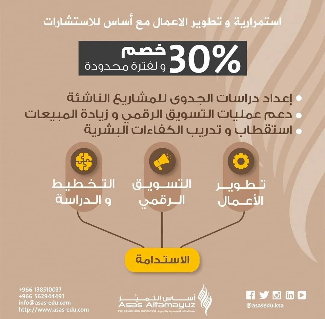 خصم 30% عند حجز استشارة لتطوير الأعمال مع «أساس التميز للاستشارات»