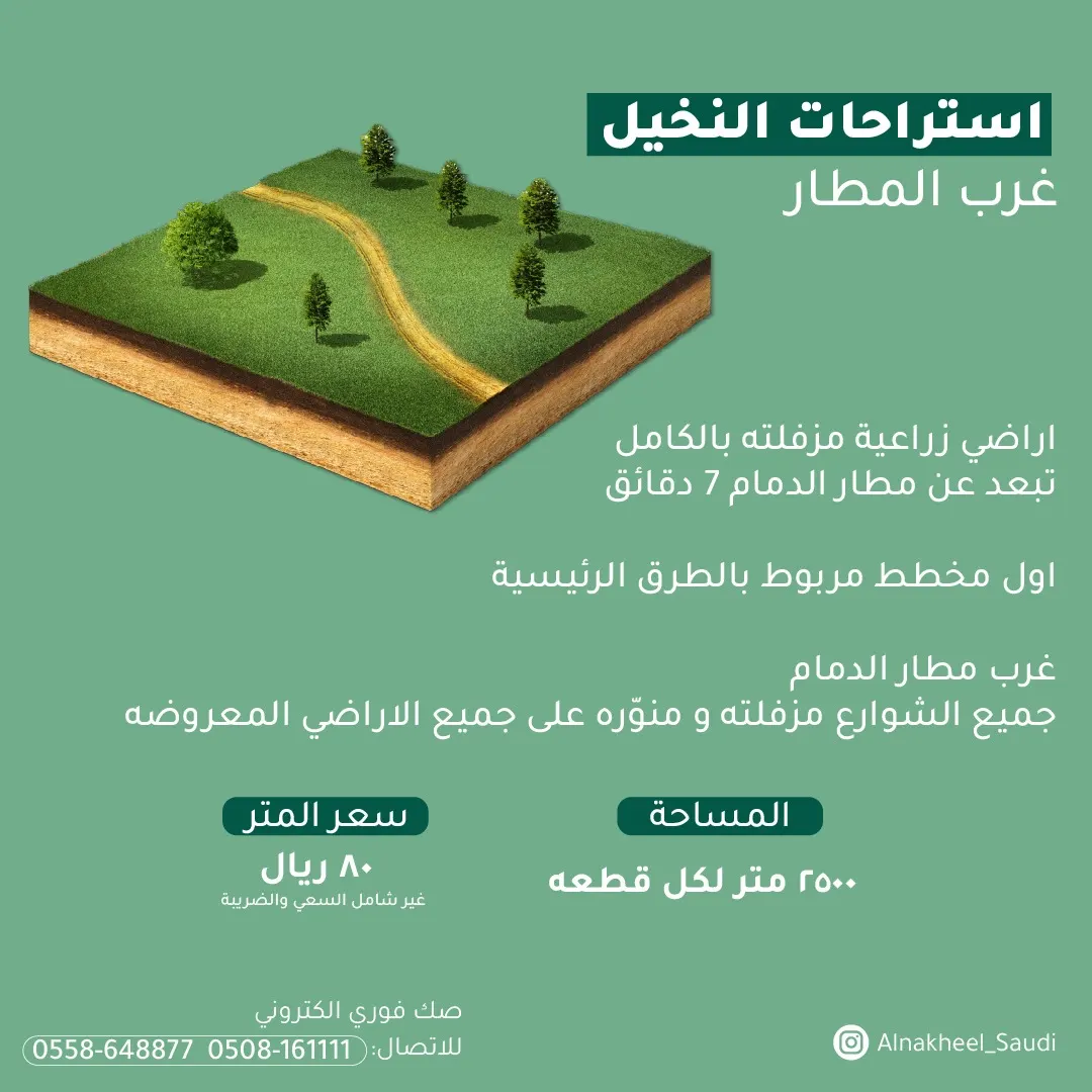 فرصة استثمارية.. امتلك قطعة زراعية على مساحة 2500م² بالقرب من مطار الدمام