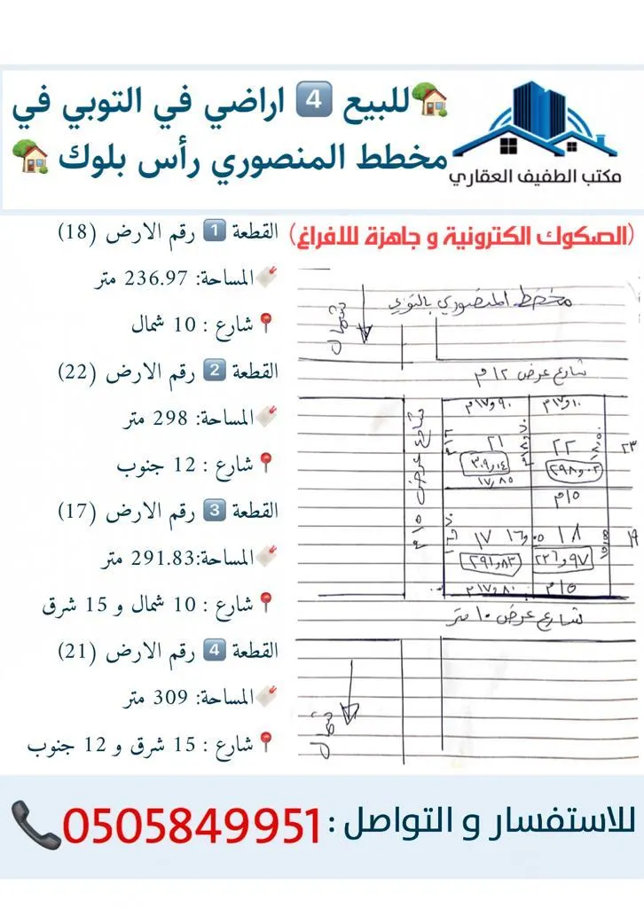 للبيع 4 أراضٍ في التوبي بمخطط المنصوري «رأس بلوك»