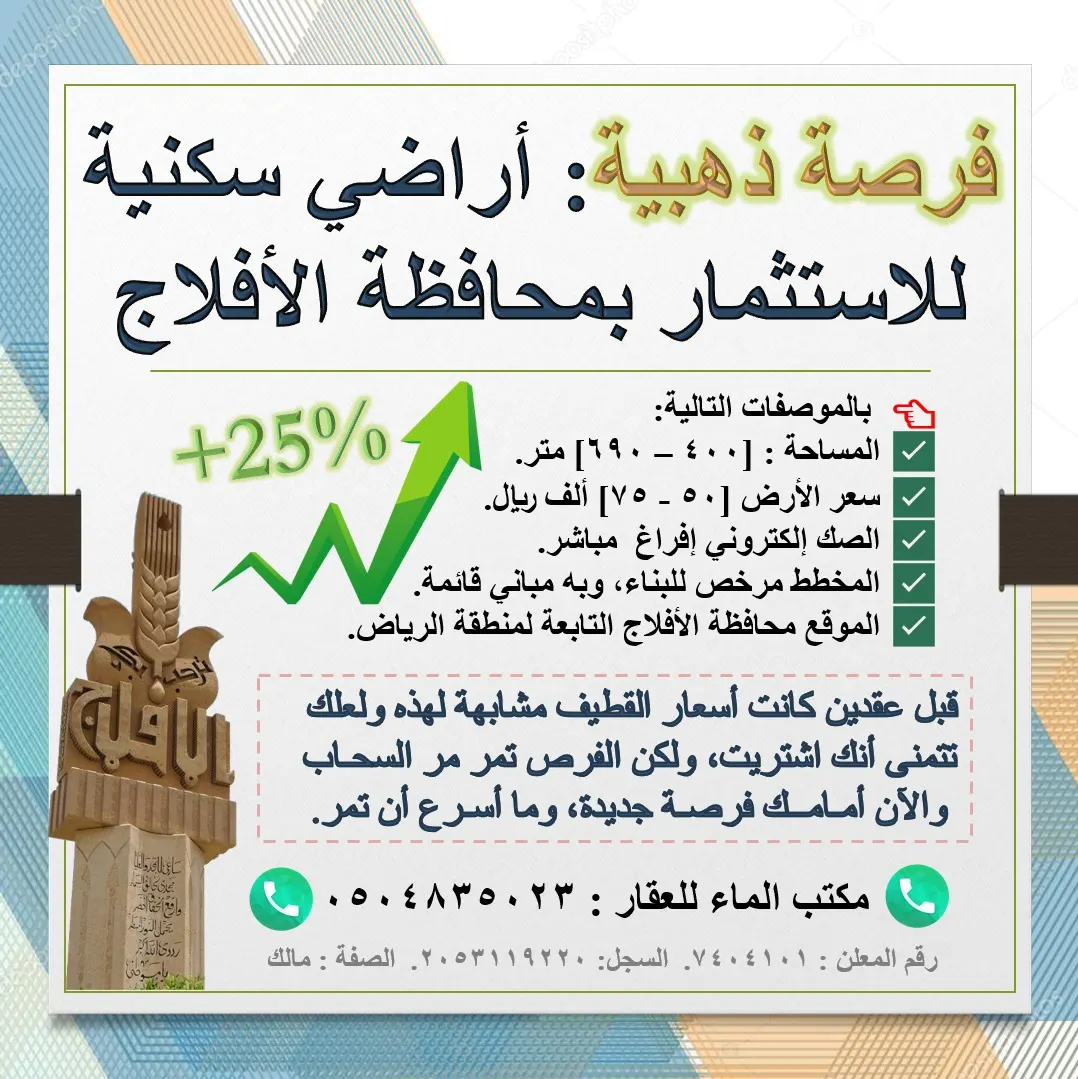 فرصة ذهبية لاتفوت.. أراضٍ سكنية للاستثمار بمحافظة الأفلاج