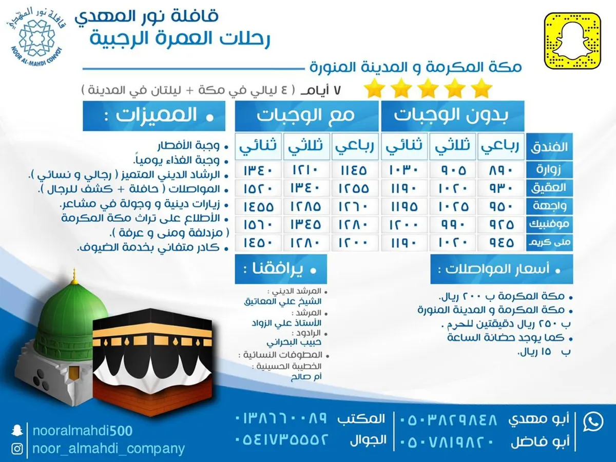 قافلة نور المهدي تسير رحلاتها إلى مكة المكرمة والمدينة المنورة في شهر رجب