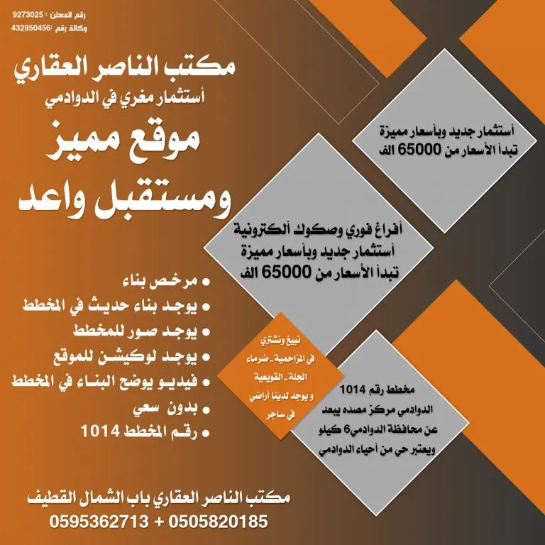 فرصة استثمارية ذهبية بسعر مغرٍ في الدوادمي مع «مكتب الناصر العقاري»
