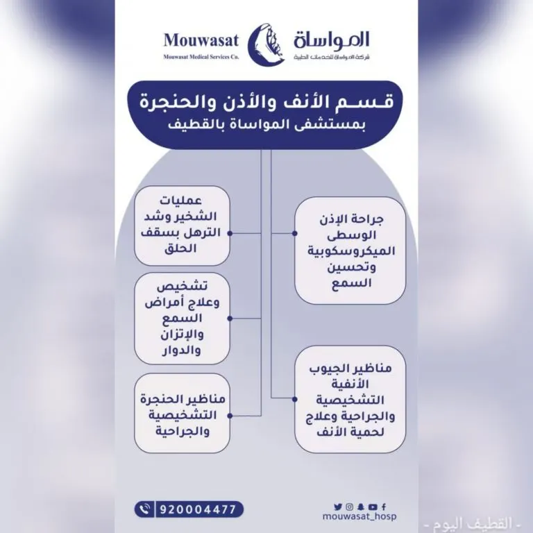 مستشفى المواساة بالقطيف يقدم خدماته في قسم الأنف والأذن والحنجرة بأحدث طرق العلاج الخاصة