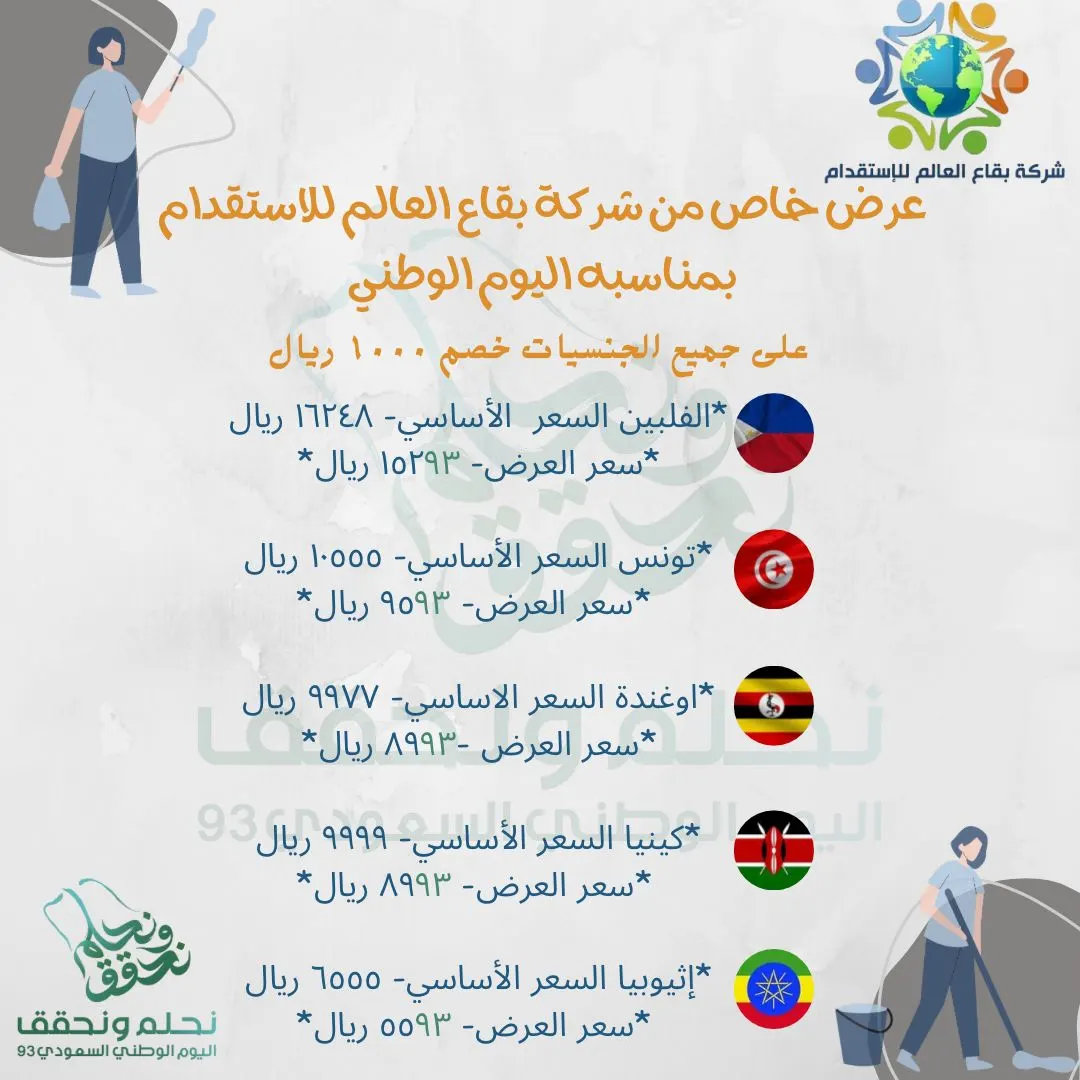 نحلم ونحقق.. بخصم ألف ريال.. عرض خاص من «شركة بقاع العالم للاستقدام».. بمناسبة اليوم الوطني 93
