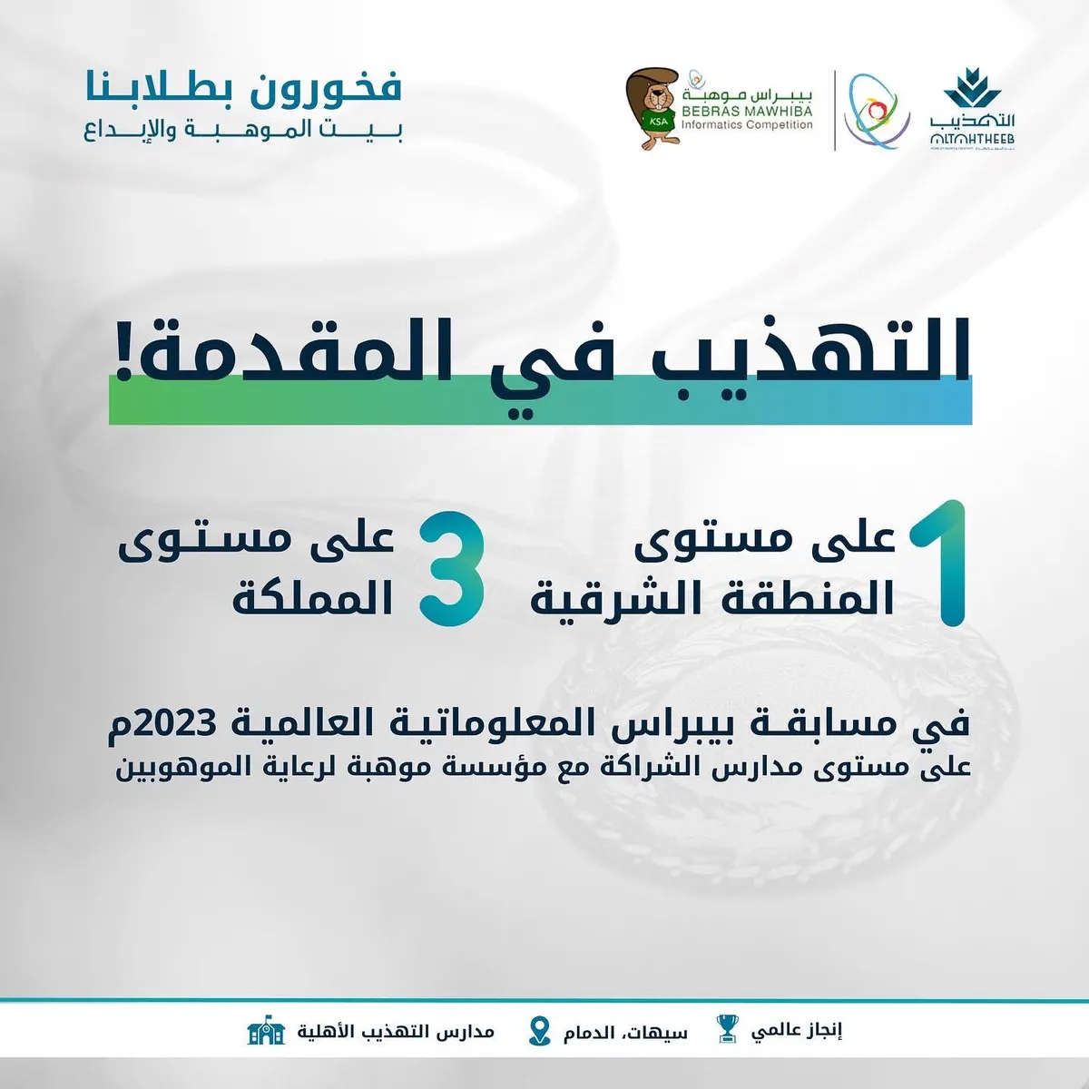 التهذيب تحتل المركز الأول على مستوى المنطقة الشرقية والثالث على مستوى المملكة في مسابقة بيبراس المعلوماتية 2023