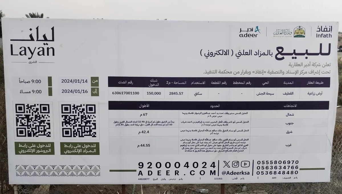 فرصة مميزة في القطيف.. أرض زراعية للبيع بالمزاد العلني (الإلكتروني)