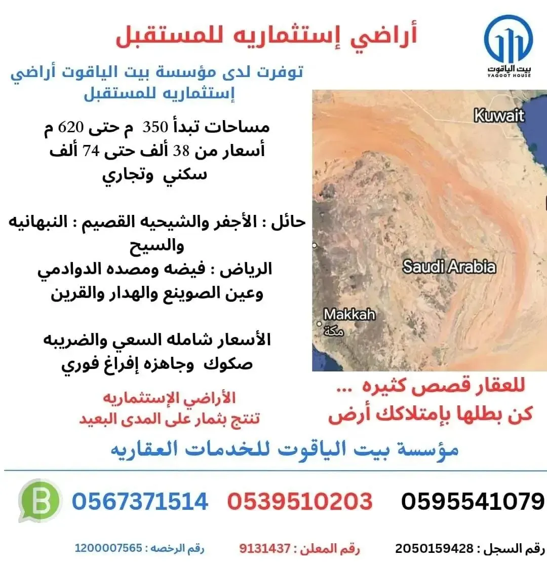 أراضي استثمارية مُختارة تبدأ من 38 ألف ريال في أنحاء المملكة