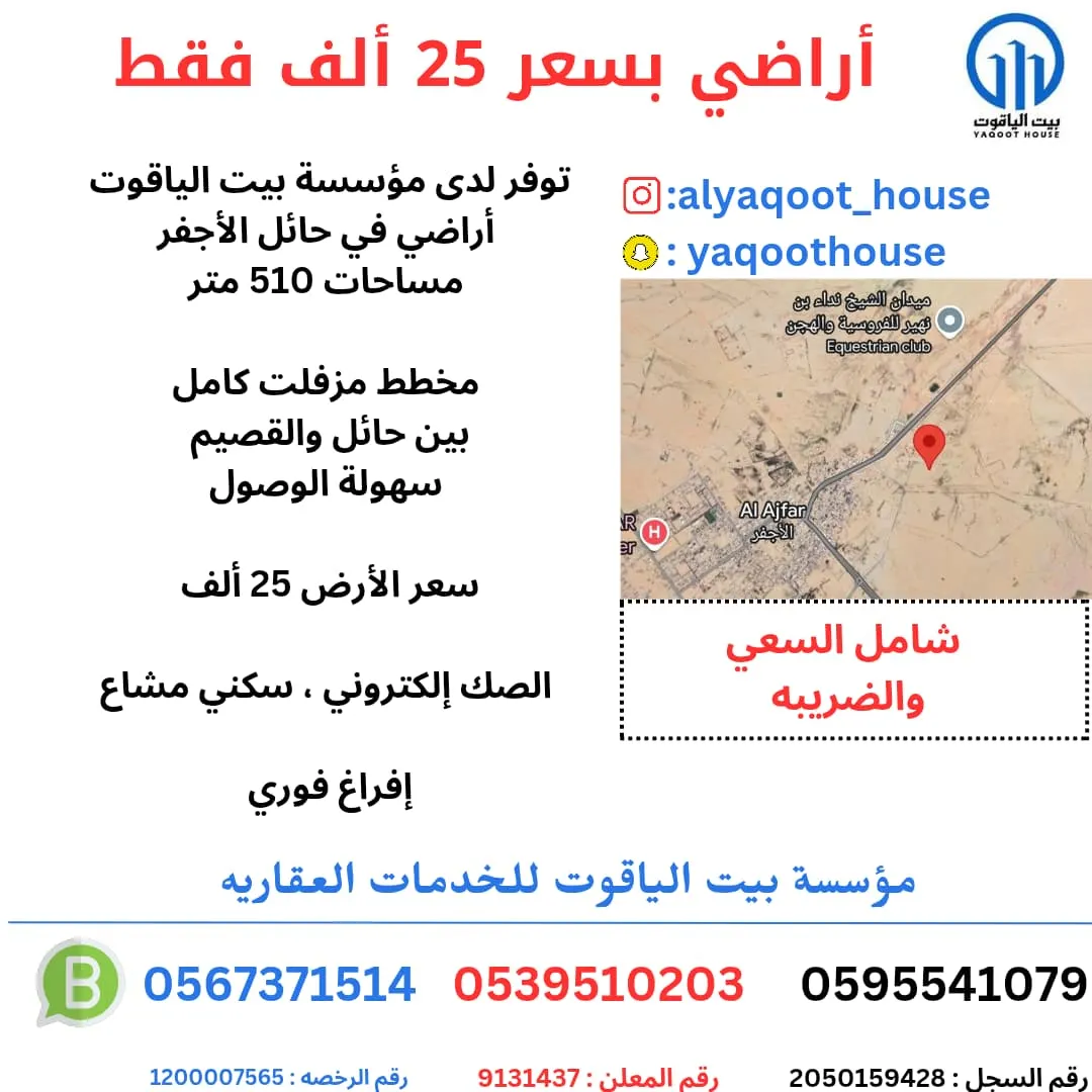 أراضي للبيع لدى مؤسسة بيت الياقوت بسعر 25 ألف فقط