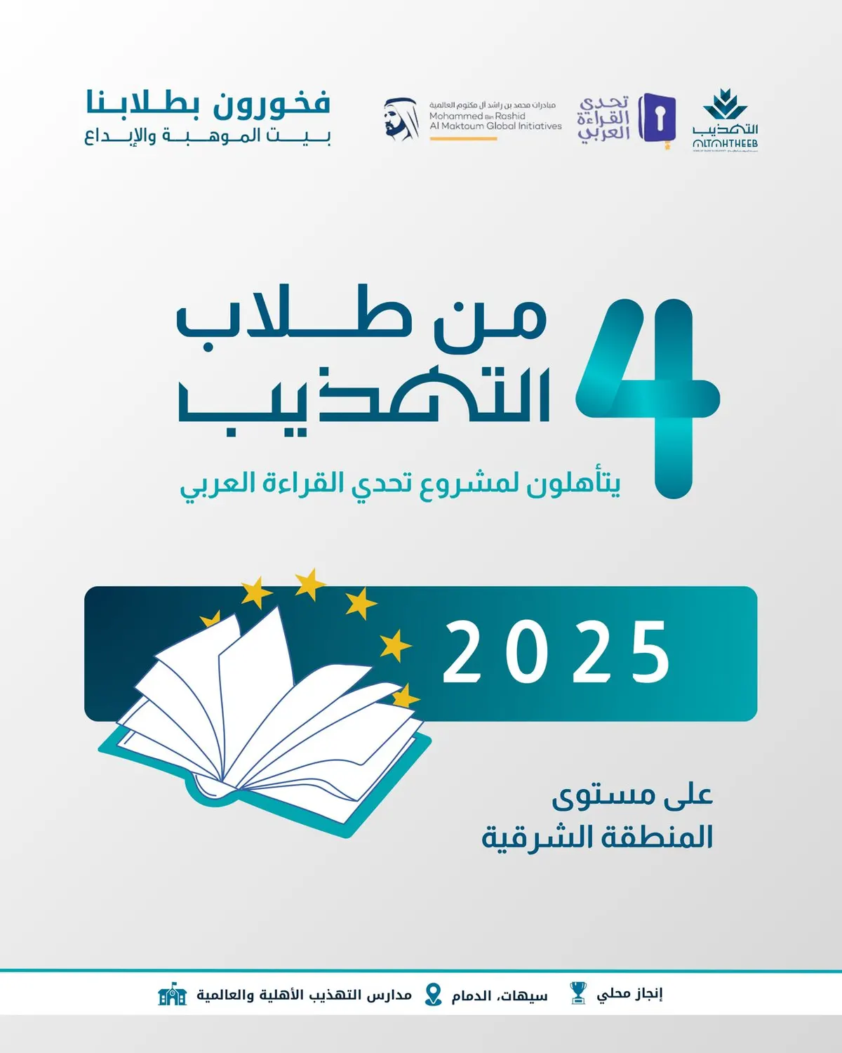 على مستوى المنطقة الشرقية.. 4 من طلاب التهذيب يتأهلون لمشروع تحدي القراءة العربي في دورته التاسعة 2024-2025