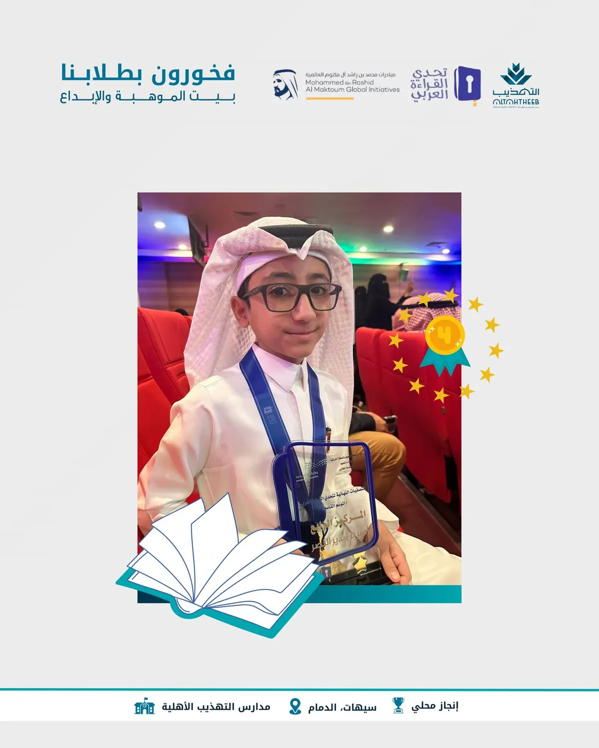 طالب مدرسة التهذيب الأهلية أمير نذير آل نصر يحقق المركز الرابع في تحدي القراءة العربي في دورته التاسعة.. على مستوى الشرقية
