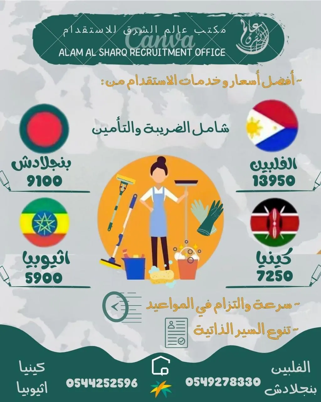 بـ 5,900 ريال شامل الضريبة والتأمين.. استقدم العمالة المنزلية من مكتب «عالم الشرق».. الفلبين وبنغلادش وكينيا وإثيوبيا