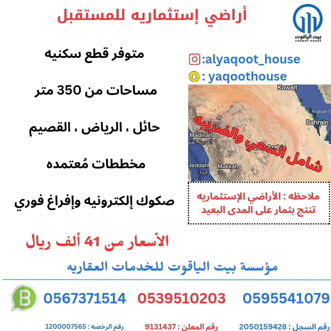 أراضي استثمارية في الرياض وحائل والقصيم لدى «مؤسسة بيت الياقوت للخدمات العقارية»