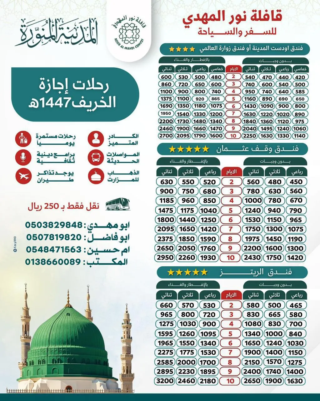 «قافلة نور المهدي» تُسير رحلاتها إلى «المدينة المنورة» في إجازة الخريف 2025