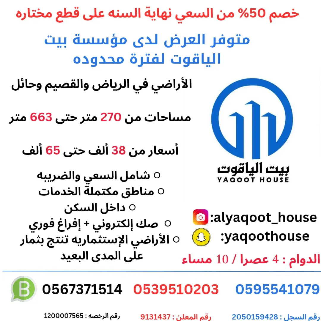 بمناسبة نهاية السنة.. خصم 50% من السعي على أراضي استثمارية مختارة لدى «مؤسسة بيت الياقوت»