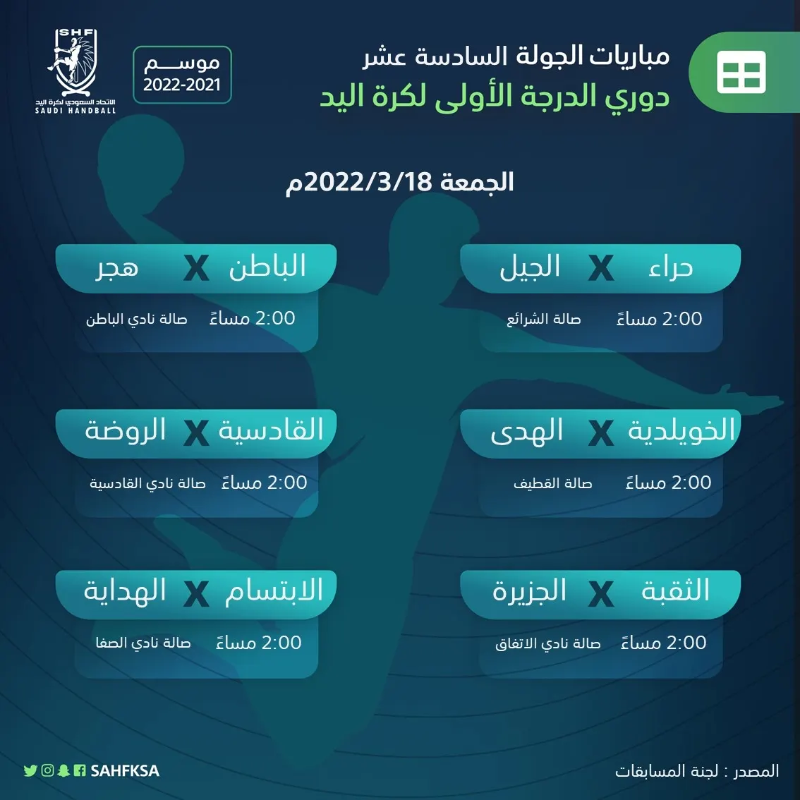 6 مواجهات في الجولة 16 من دوري الدرجة الأولى لكرة اليد