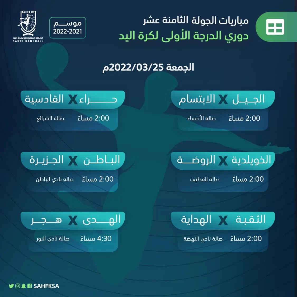 الابتسام في ضيافة الجيل والهدى يستضيف هجر في دوري أولى اليد