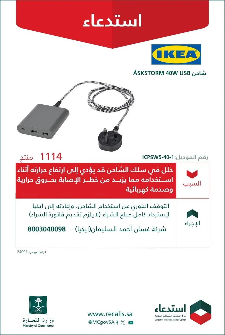 التجارة تستدعي 1114 شاحنًا من ”إيكيا“ لاحتمالية تسببه بصدمة كهربائية
