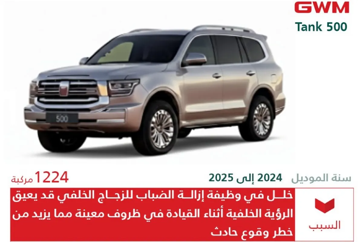 «التجارة» تستدعي 1224 مركبة «Tank 500» لخلل فني يهدد السلامة