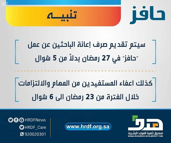 تقديم صرف إعانة “حافز” في 27 رمضان بدلاً من 5 شوال