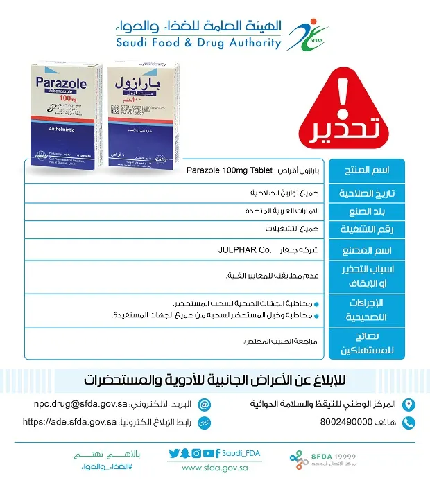 “الغذاء والدواء” تسحب مستحضر “PARAZOLE”