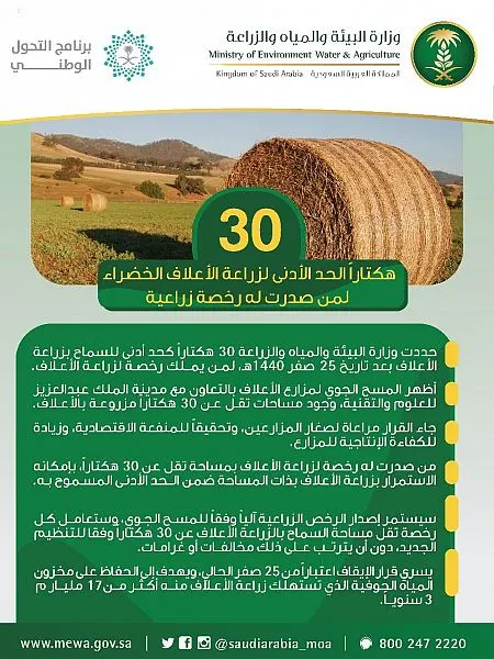 البيئة: 30 هكتاراً الحد الأدنى المسموح لزراعة الأعلاف الخضراء