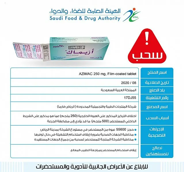 “الغذاء والدواء” توقف استخدام مستحضر “أزيماك 250”