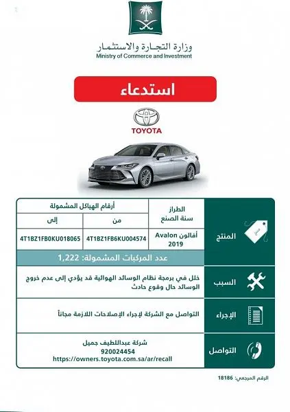التجارة: إستدعاء 1222 مركبة “أفالون” موديل 2019 لوجود خلل