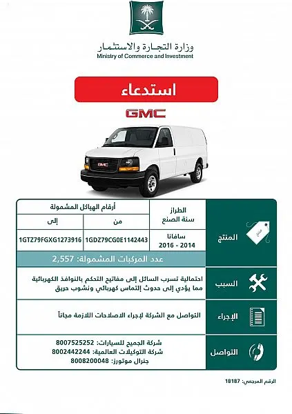 التجارة: استدعاء 2.557 مركبة “GMC” لوجود خلل في مفاتيح تحكم النوافذ