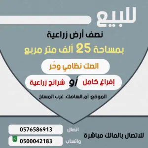 للبيع.. أرض زراعية بمساحة 25 ألف متر مربع