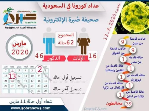 تسجيل 17 إصابة جديدة.. وارتفاع العدد إلى 62 في 11 يوماً.. نسبة المصريين 51% [إنفوغراف] كورونا في السعودية.. يصطاد المخالطين أكثر من المسافرين.. والمقيمين أكثر من المواطنين