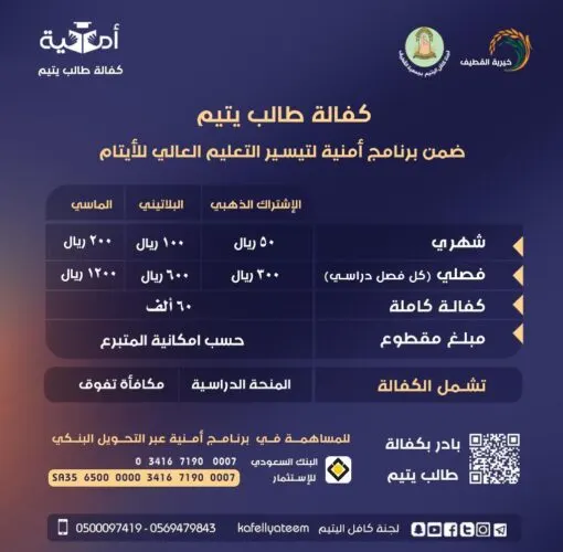 “خيرية القطيف” تُصدر استمارة الكترونية لكفالة “طالب يتيم”
