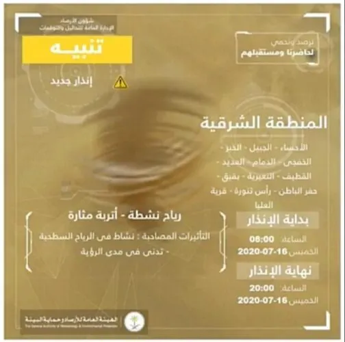 رياح نشطة وأتربة على القطيف من الثامنة حتى الثامنة