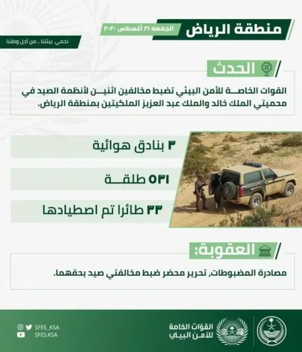 توقيف مخالفين اصطادا 34 طيراً في محميتين ملكيتين