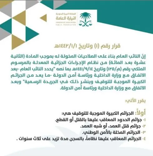 النيابة العامة تحدد 25 جريمة كُبرى موجبة للتوقيف