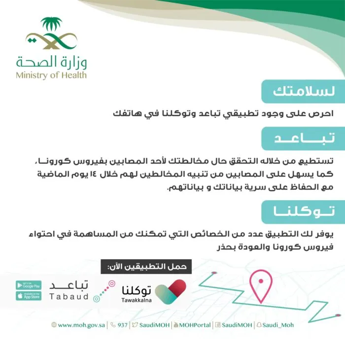 “الصحة” تدعو لتحميل “تباعد” و”توكلنا” للوقاية من “كورونا”
