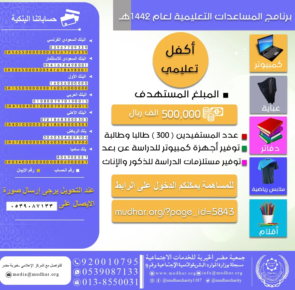 جمعية مُضر تسعى لجمع نصف مليون ريال لمساعدة 300 طالب وطالبة