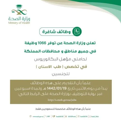 1066 وظيفة “طبيب أسنان” للجنسين.. والتقديم اعتباراً من اليوم