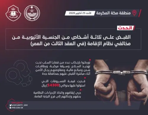 3 اثيوبيين ينفذون سلسلة جرائم تحت تهديد السلاح