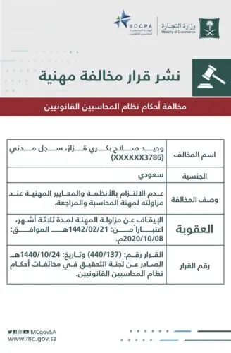 “التجارة” توقف المحاسبين شريف وقزاز موقتاً لمخالفتهما معايير المهنة