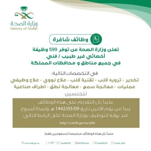 اليوم.. “الصحة” تبدأ استقبال المتقدمين لـ599 وظيفة للجنسين