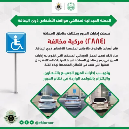 2884 سائقاً أوقفوا سياراتهم في مواقف “ذوي الإعاقة” فحصلوا على مخالفات